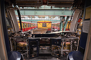 View from the driver’s cab of a 481 series S-Bahn during refurbishment.